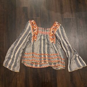 THML Embroidered Babydoll Blouse Blue Stripe XS